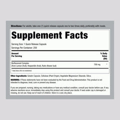 Close-up of bottle label showing 250 capsules