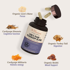 Capsules containing Lion's Mane, Cordyceps, Reishi, and Turkey Tail mushrooms