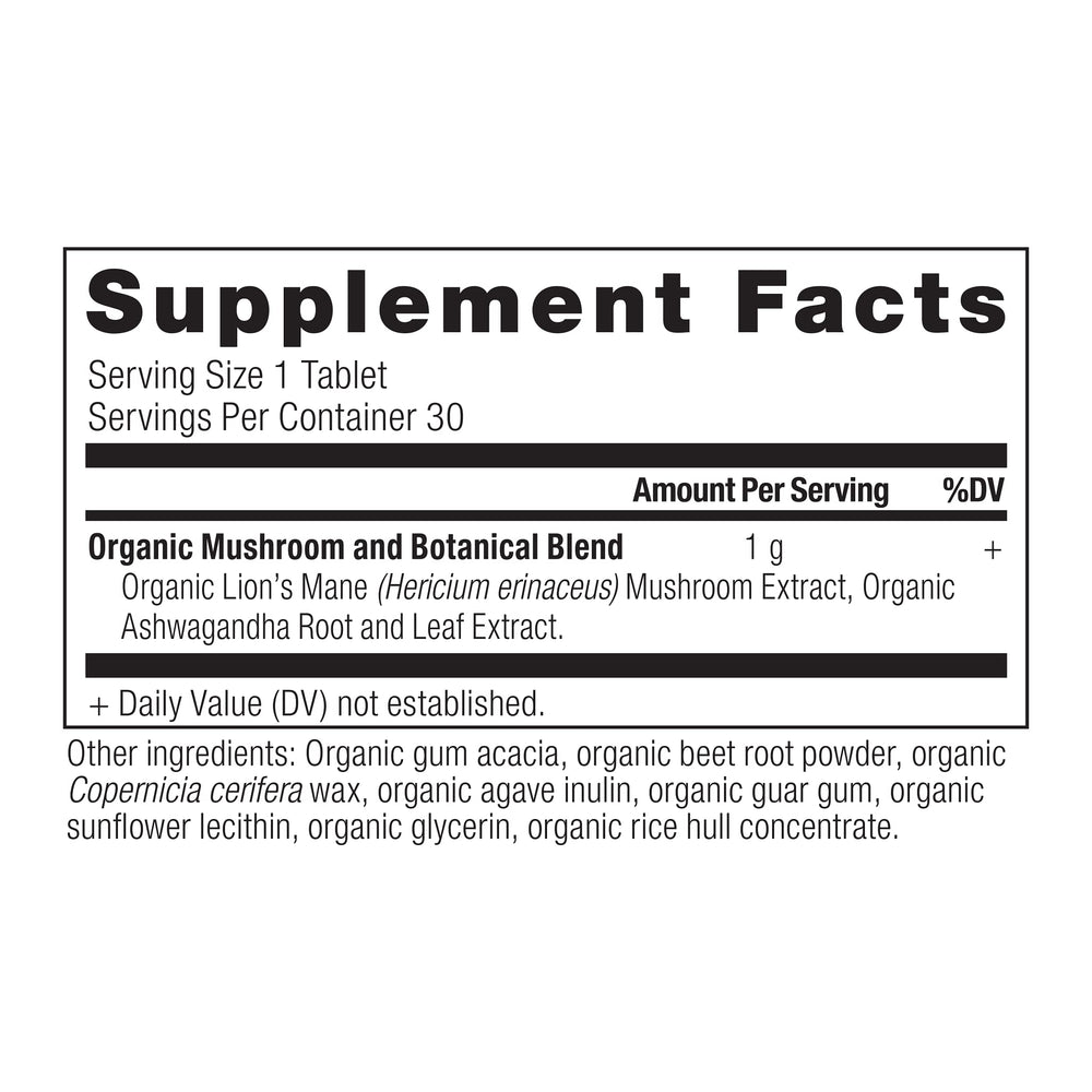 Close-up of Lion's Mane and Ashwagandha tablets
