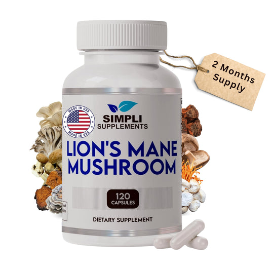 Bottle of Lion's Mane mushroom capsules on white background