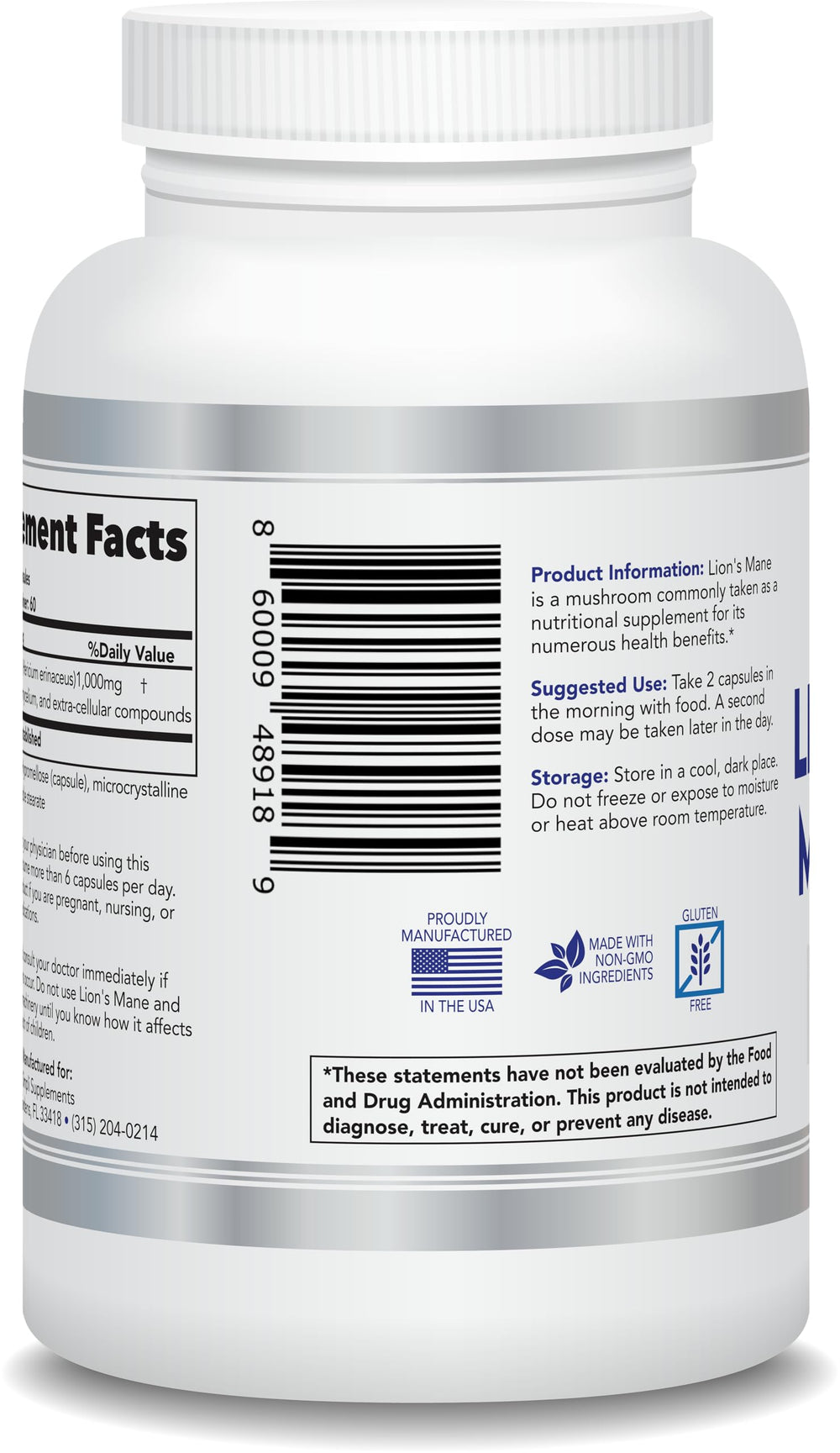 Vegan Lion's Mane capsules bottle with label