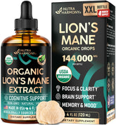 Bottle of Lions Mane Liquid supplement on white background