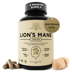 Front label of Lions Mane + Turkey Tail capsules bottle
