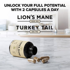 Nutrition label showing 1200 mg Lions Mane per capsule