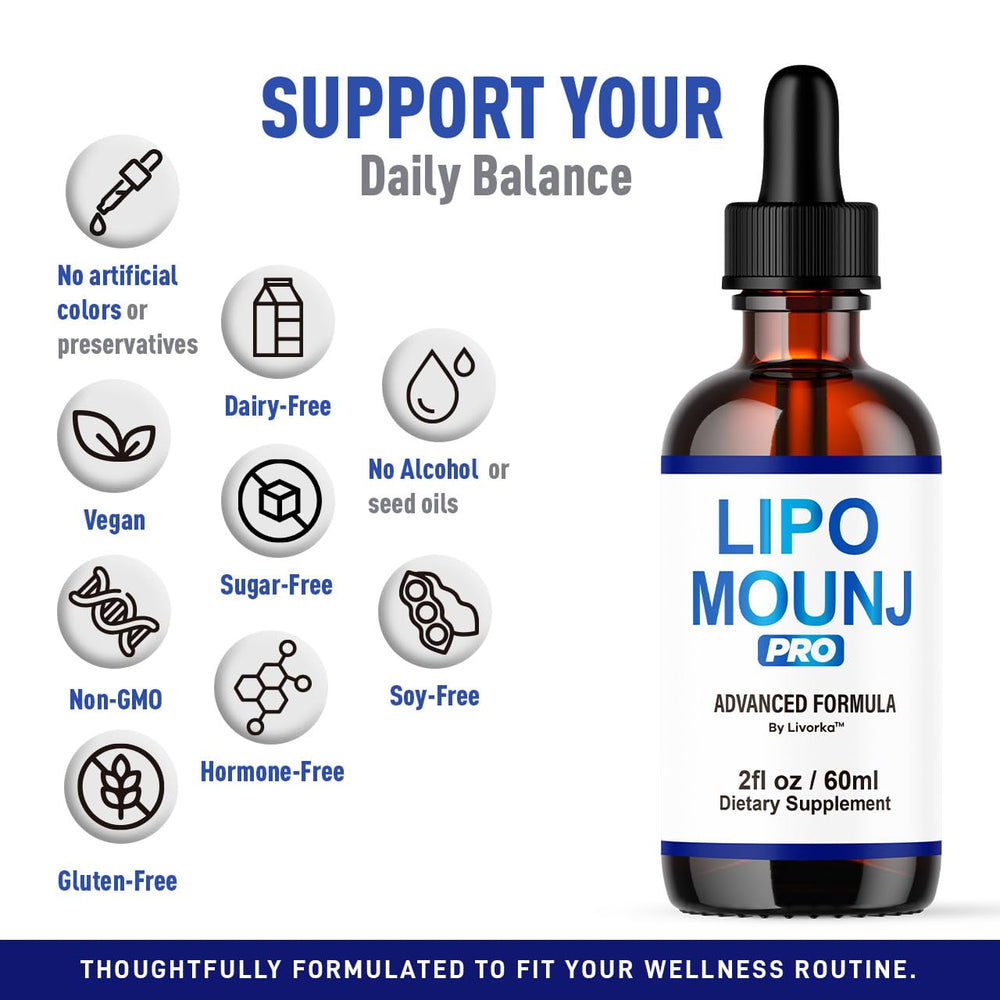 Close-up of LipoMounj Pro Drops dropper dispensing liquid