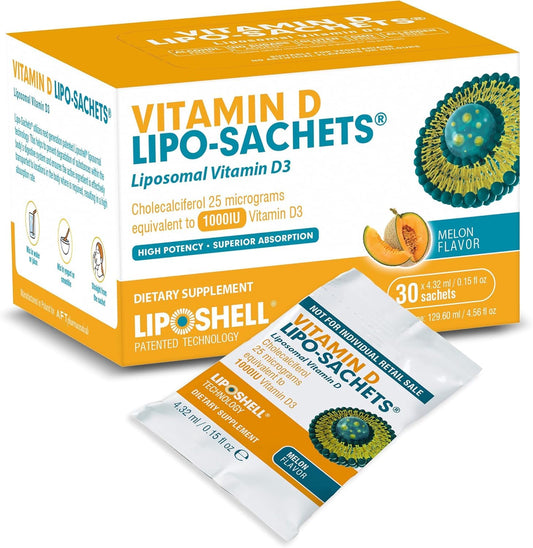 Front view of Lipo-Sachets Liposomal Vitamin D3 1000IU sachets packaging