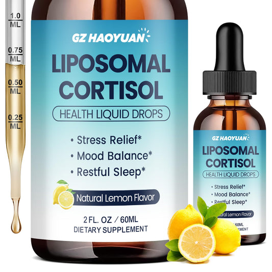 Liposomal cortisol liquid drops bottle with lemon flavor label