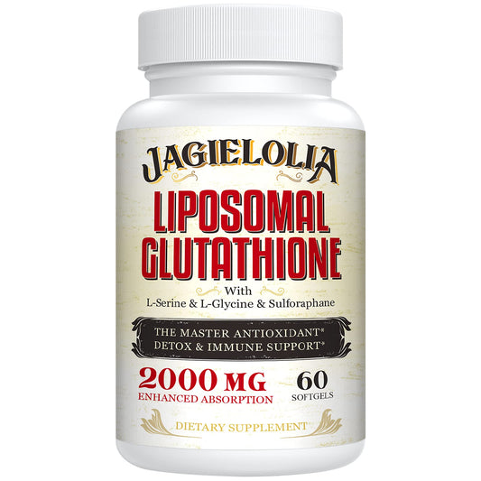 Front view of Liposomal Glutathione 2000 mg softgel bottle