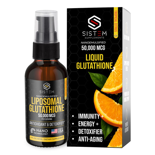 Bottle of Sistem Liposomal Glutathione Supplement with tropical citrus flavor