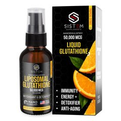 Bottle of Sistem Liposomal Glutathione Supplement with tropical citrus flavor