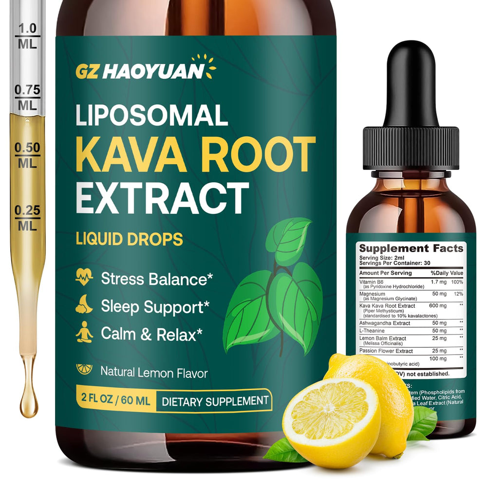 Liposomal Kava Kava Drops bottle and packaging on white background