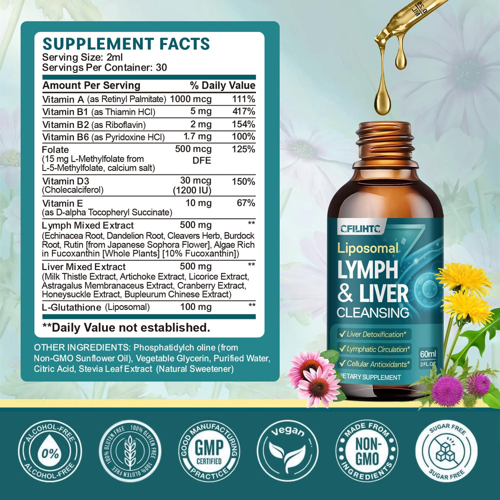 Ingredient panel showing Milk Thistle, Echinacea, Dandelion and more