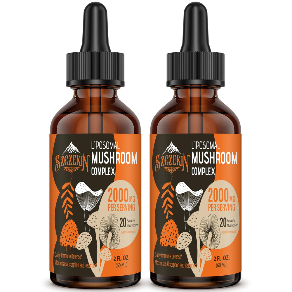 Bottle of Liposomal Mushroom Drops 2000 MG featuring 20 organic mushroom extracts