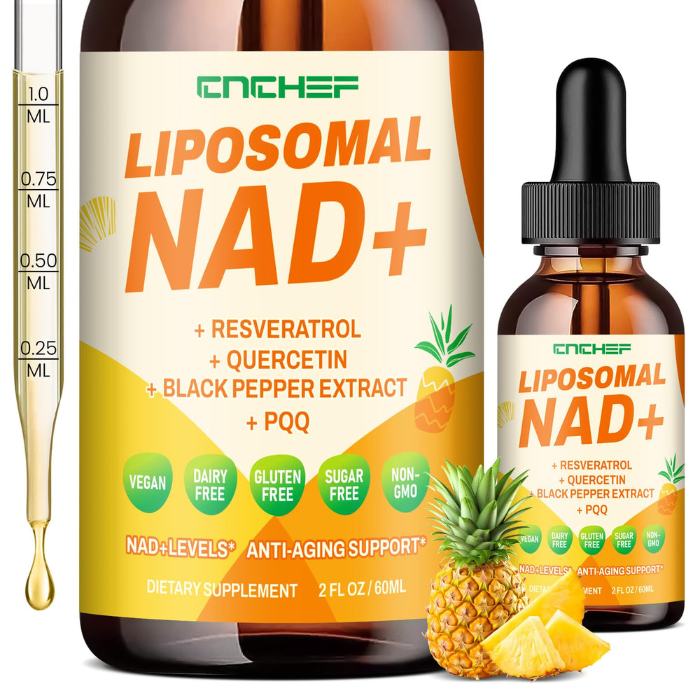 Front view of Liposomal NAD+ supplement bottle with 2 fl oz