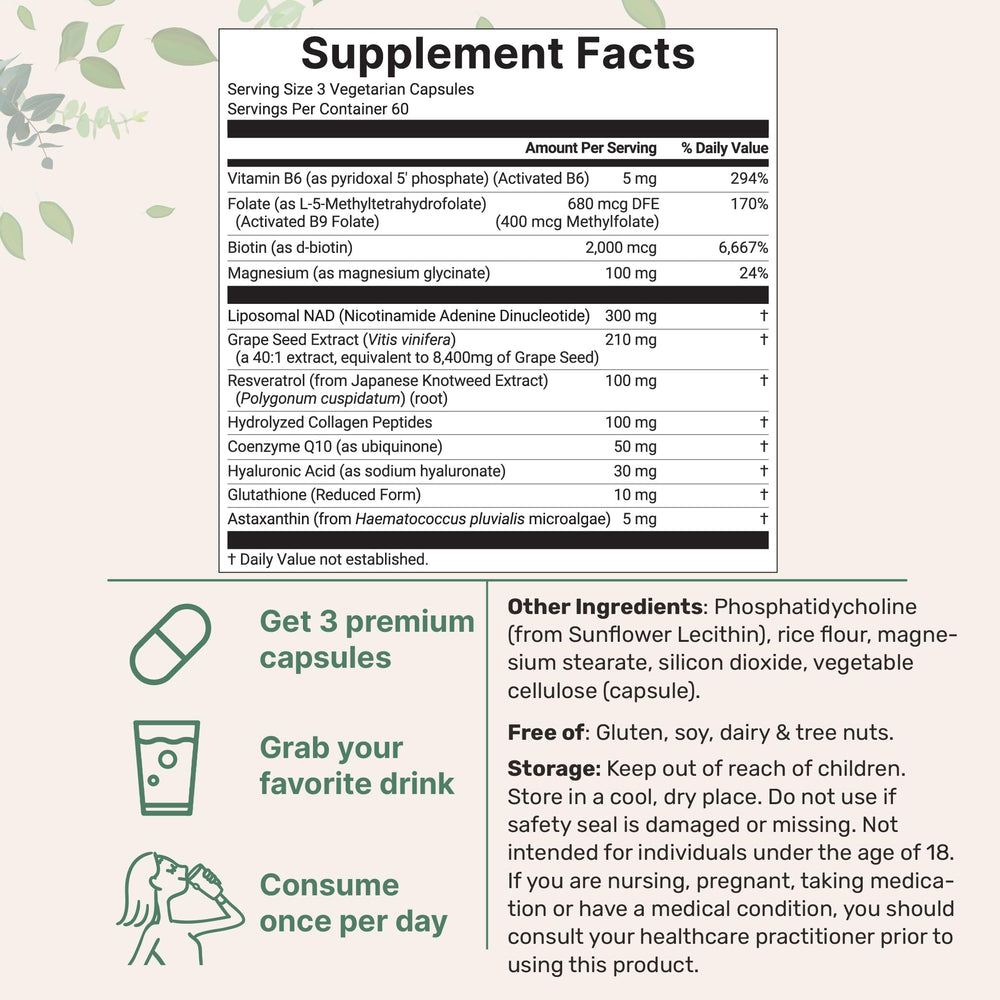 12-in-1 Liposomal NAD+ formula featuring Resveratrol, Hyaluronic Acid, Glutathione and Collagen