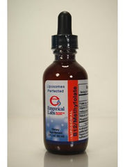 Front label of a 2 oz Liposomal Vitamin B-12 with L-5-MTHF bottle showing methylcobalamin and methylfolate liposomes in a non-GMO non-soy phosphatidylcholine formulation