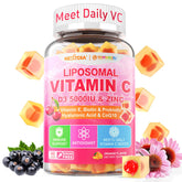 Bottle with liposomal vitamin C 1000mg, D3 5000IU, and zinc gummies