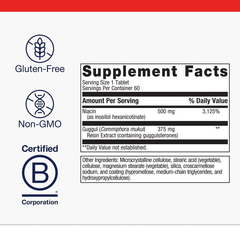 Niacin as inositol hexanicotinate ingredient label on Lipotain