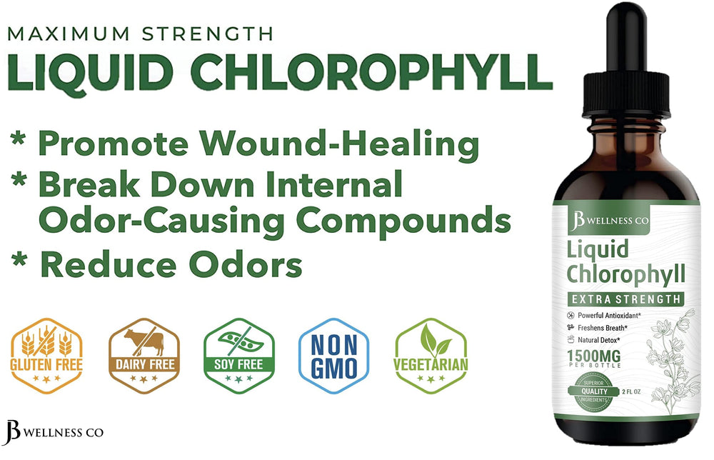 Chlorophyll drops being mixed into water to form a green juice