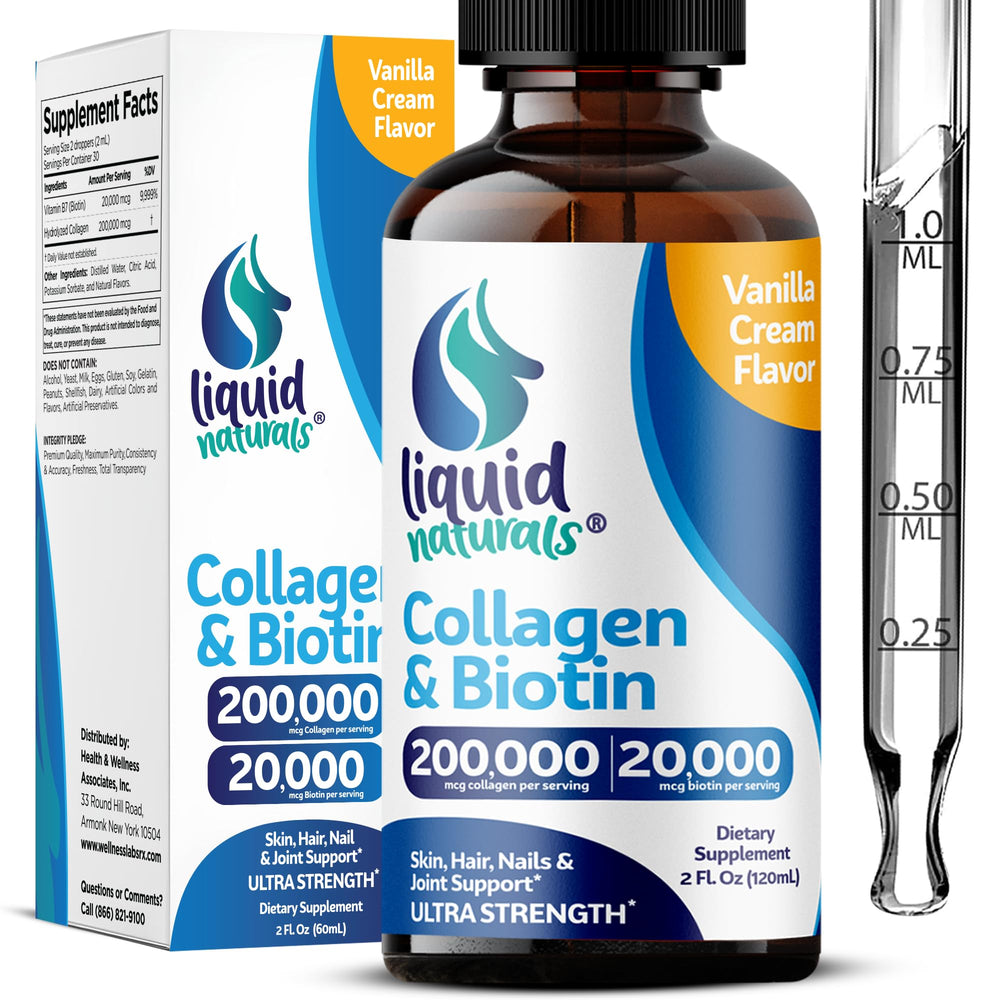 Liquid collagen and biotin bottle with vanilla label