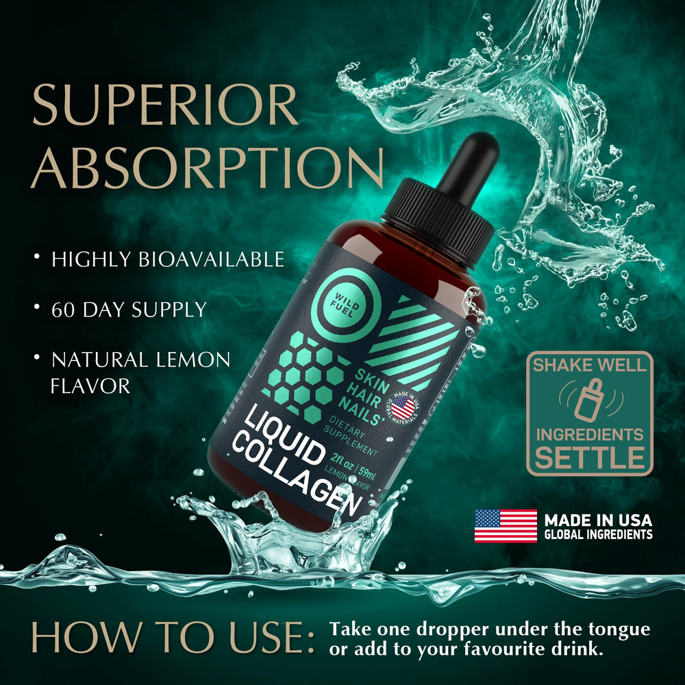 Two 2oz bottles of liquid collagen drops with biotin on white background