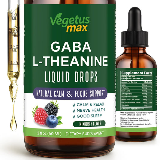 Bottle of Liquid GABA L-Theanine Drops with mixed berry flavor