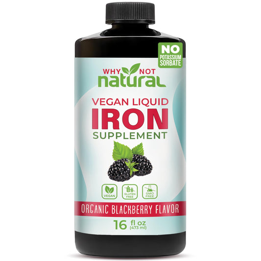 Berry-flavored liquid iron supplement bottle (16 oz) for anemia.