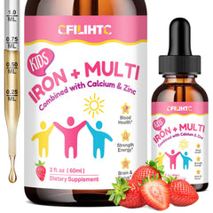 Front view of liquid iron supplement bottle for kids, women, and men