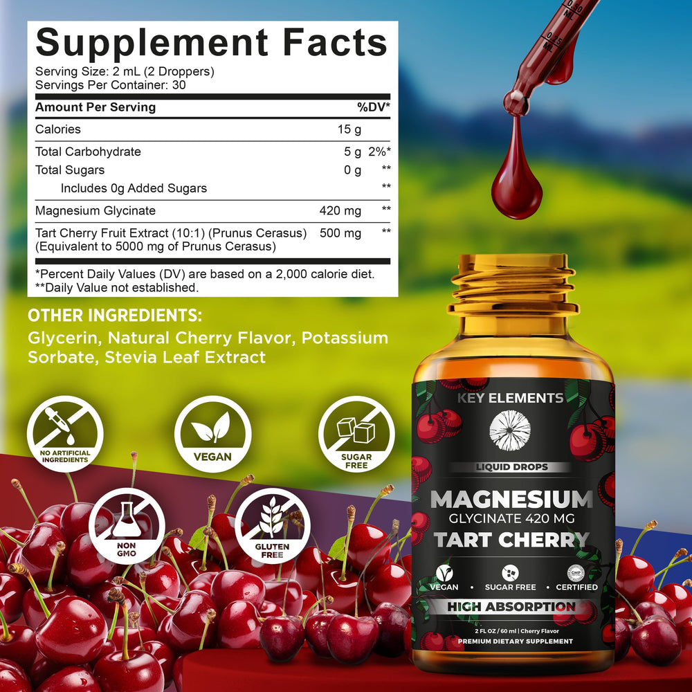 Liquid magnesium glycinate drops with tart cherry extract label