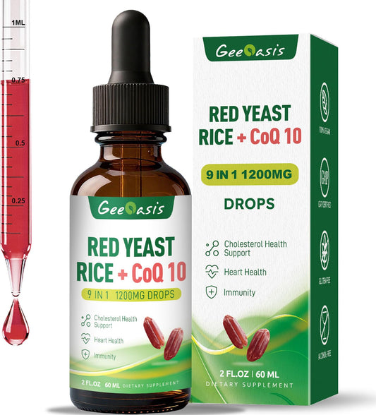 Bottle of liquid red yeast rice drops with CoQ10 1200mg per serving, 2 oz