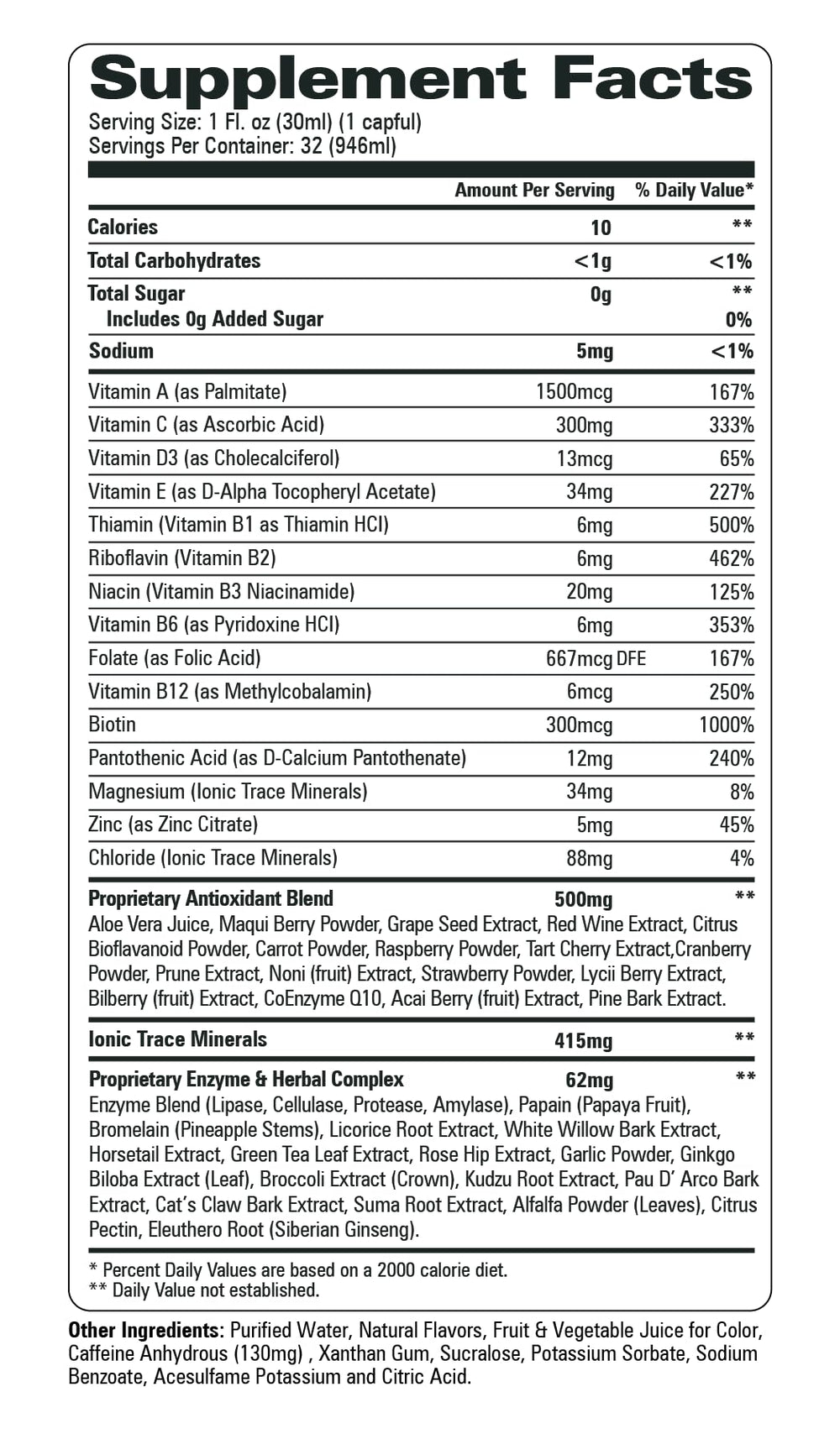 Close-up of ingredients: 47 vitamins, enzymes, minerals