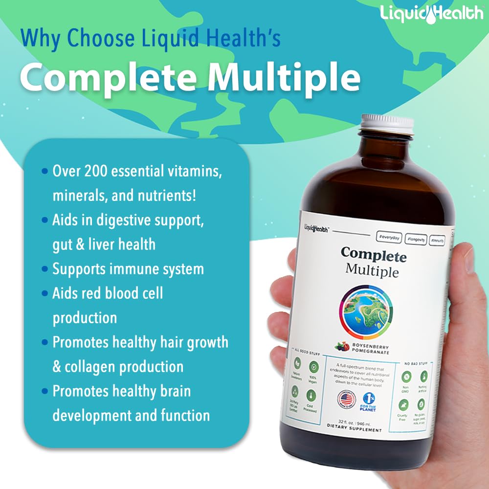 LIQUIDHEALTH Complete Multivitamin ingredients close-up highlighting real fruits and vegetables