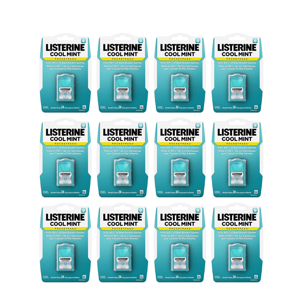 Hero image: Listerine PocketPaks Cool Mint breath strips in a 12-pack box