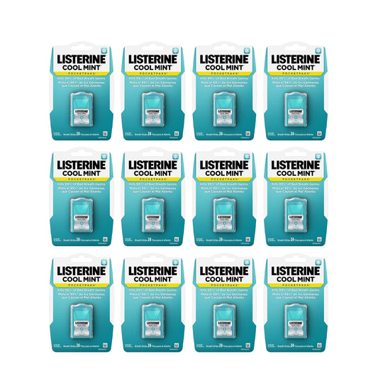 Hero image: Listerine PocketPaks Cool Mint breath strips in a 12-pack box