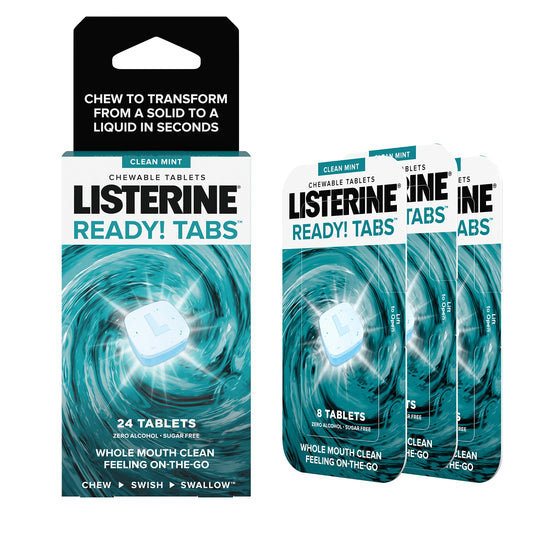 Front view of Listerine Ready Tabs 24-count Clean Mint package