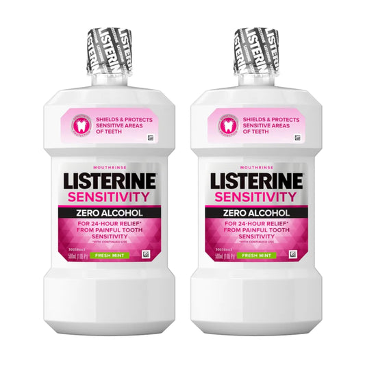 Front view of Listerine Sensitivity Zero Alcohol Mouthwash 500 mL bottle in a 2-pack