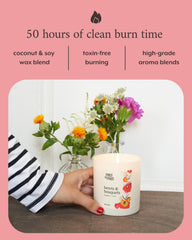 Literie Emily candle, 9oz label detail signals premium, clean-burning wax blend for longer enjoyment.