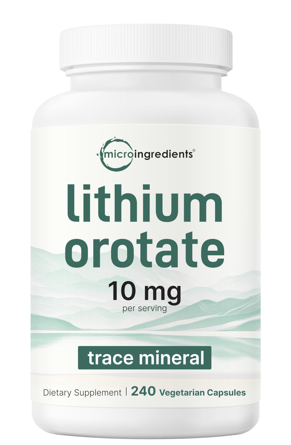 Bottle of Lithium Orotate 10mg, 240 veggie capsules