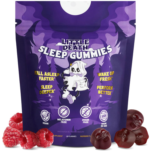 Bottle of LITTLE DEATH Deep Sleep Gummies Raspberry flavor