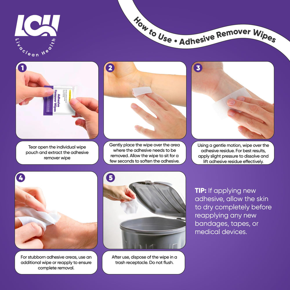Livaclean Health adhesive remover wipe close-up showing soft texture and non-greasy finish.
