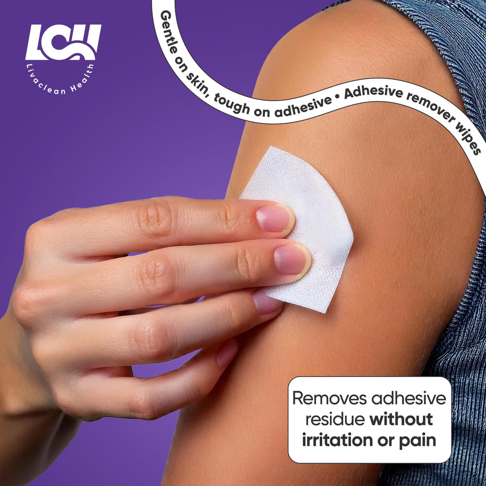 Livaclean Health wipes on-the-go in a compact case for quick adhesive removal.