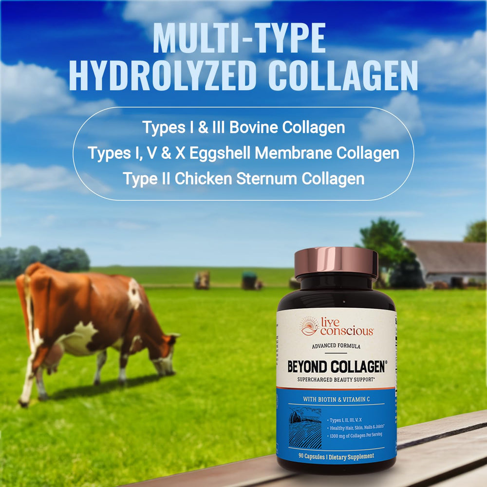 Back of Live Conscious Beyond Collagen bottle showing nutrition facts