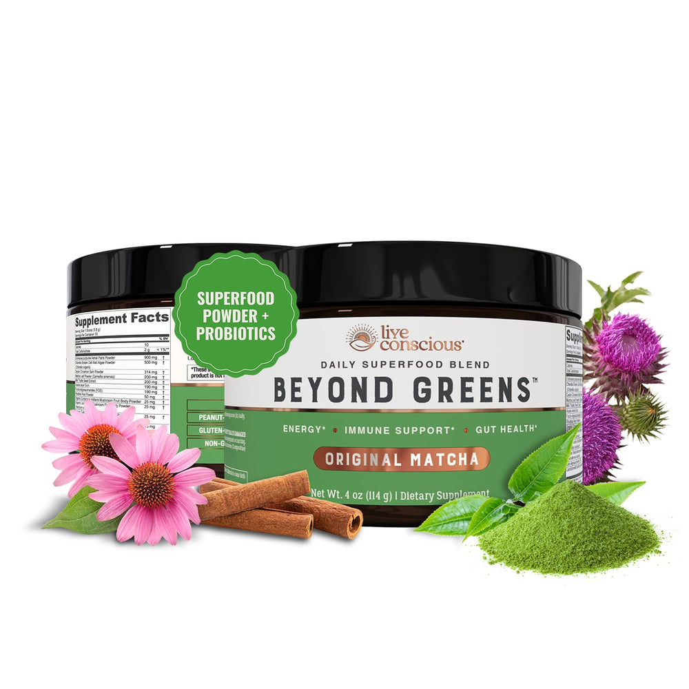 Live Conscious Beyond Greens tub front highlighting immune-supporting energy