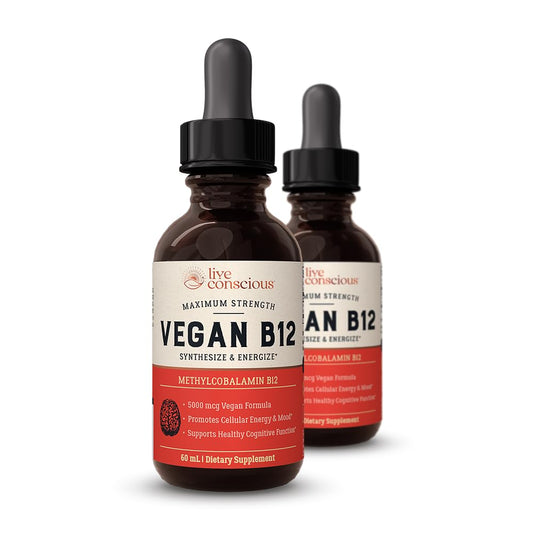 Live Conscious Vegan B12 Sublingual Drops bottle with 5000 mcg methylcobalamin, 2-pack