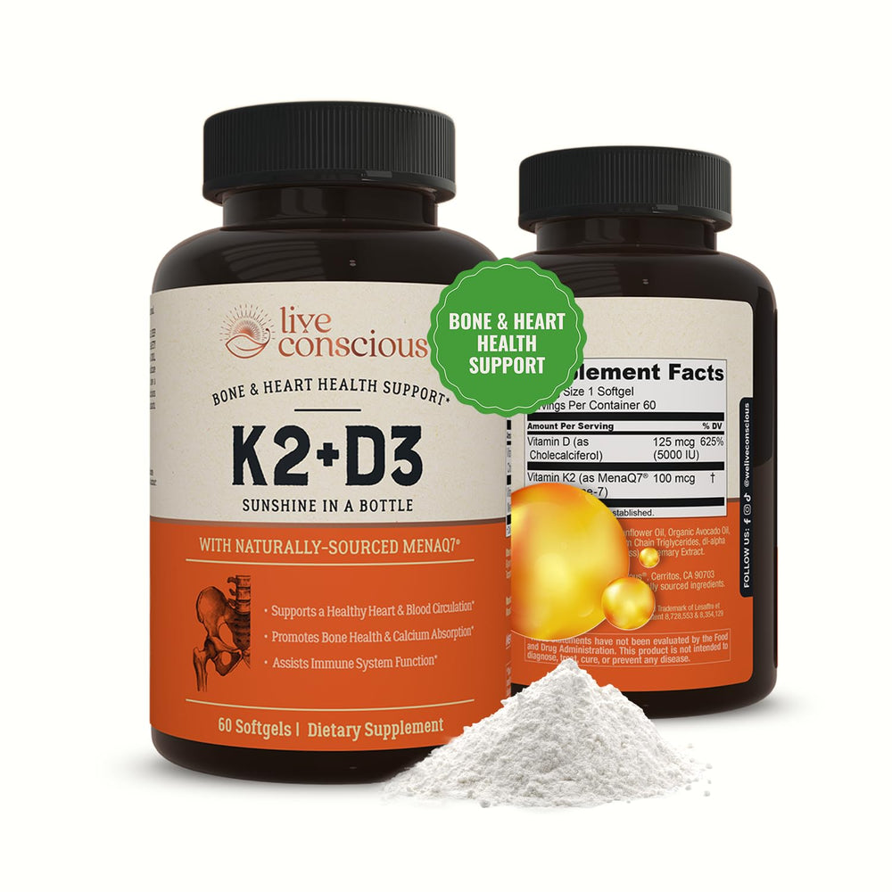 Front view of Live Conscious Vitamin K2 MK7 with D3 60 softgels