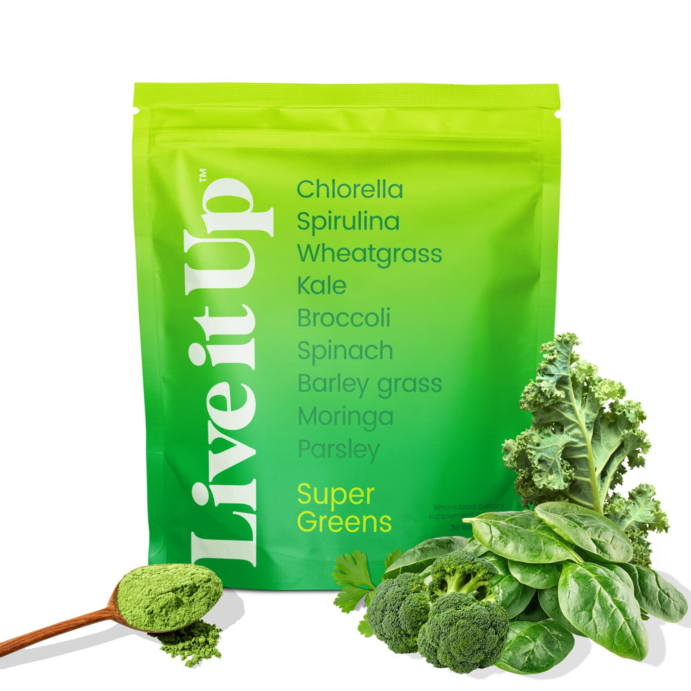 LIVE IT UP Super Greens Powder tub with label visible