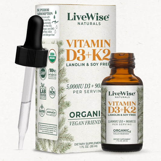 Bottle of Live Wise Naturals Vitamin D3+K2 5,000 IU with vegan friendly label