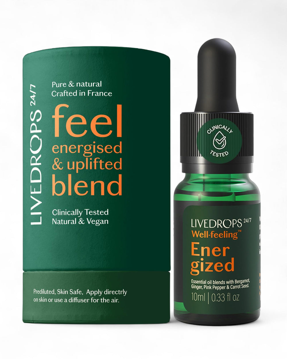 Livedrops energized essential oil bottle with Bergamot Ginger Pink Pepper label