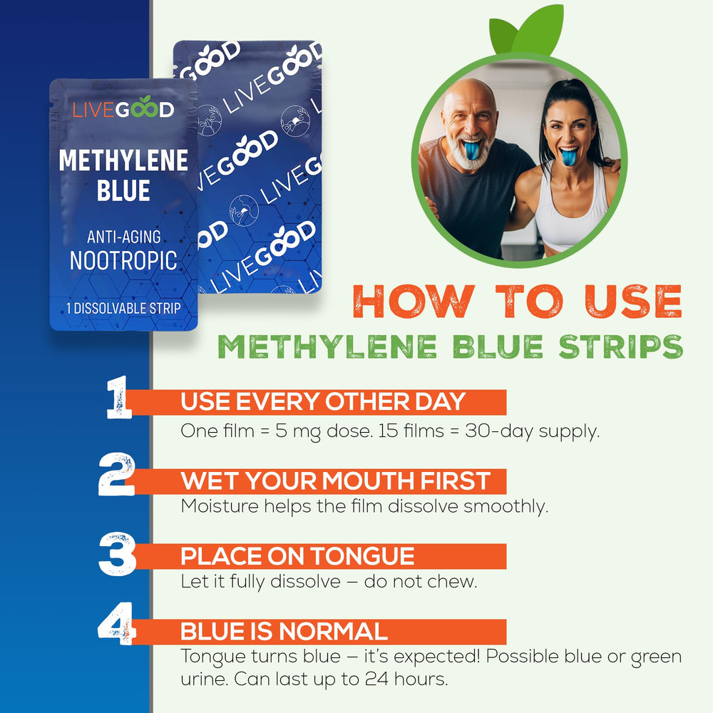 Close-up of a methylene blue oral strip (20mg)