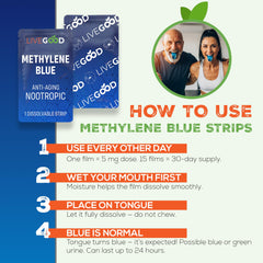 Close-up of a methylene blue oral strip (20mg)